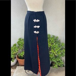 Vintage Wounded Bird maxi skirt black crepe  red white polka dot lining S/M